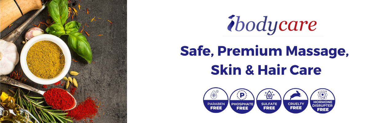 ibodycare banner with ingredient icons and product promise safe premium massage skin and hair care