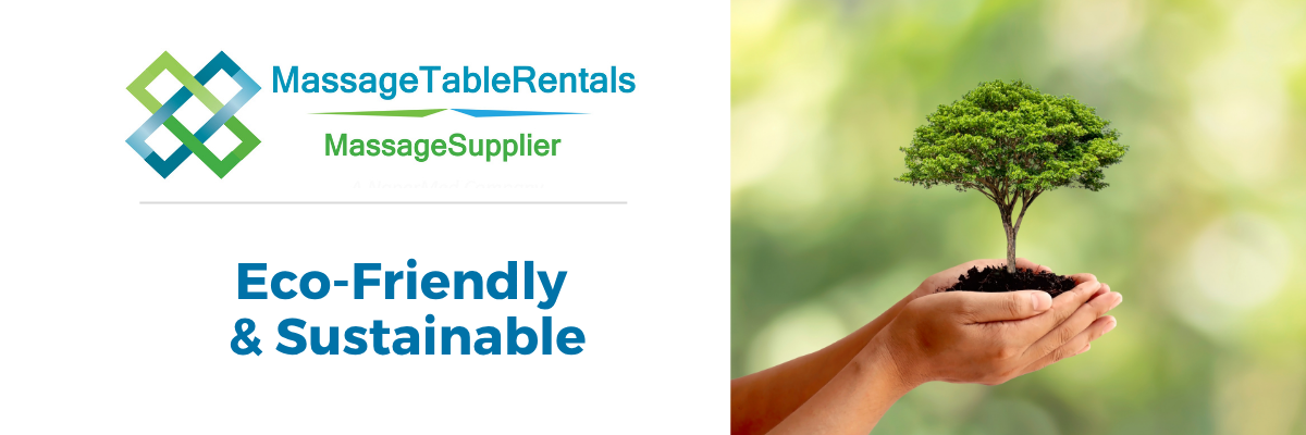 MassageTableRentals and MassageSupplier eco friendly rental banner with hands holding tree